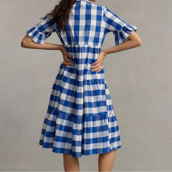 Anthropologie Whit Two Blue and White Pleated Puff Sleeve Gingham Dress - Picture 3 of 10